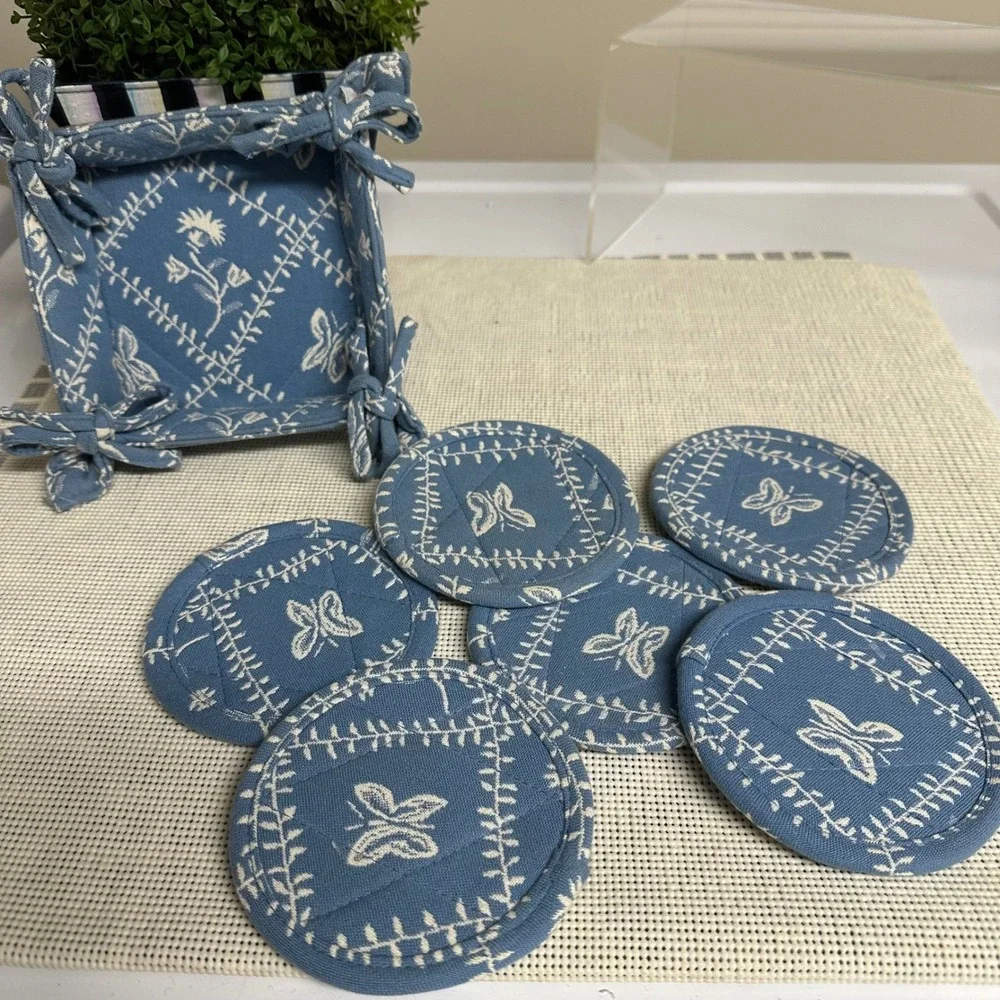 Pierre Deux Blue White Quilted 100% Coton Coasters 6 pc with Tray Vintage — Rare